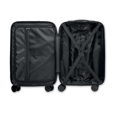 Valise trolley noire ouverte avec compartiment principal doté de sangles de maintien croisées et poche intérieure zippée.