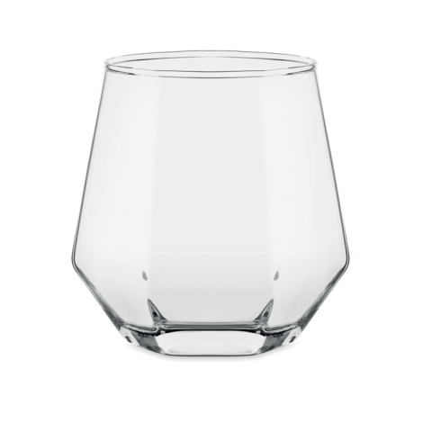 Verre transparent biseauté vide présenté de face.