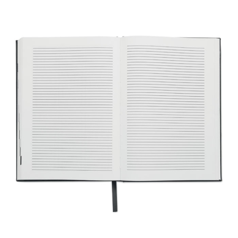 Agenda A5 ouvert montrant pages lignées et signet central.