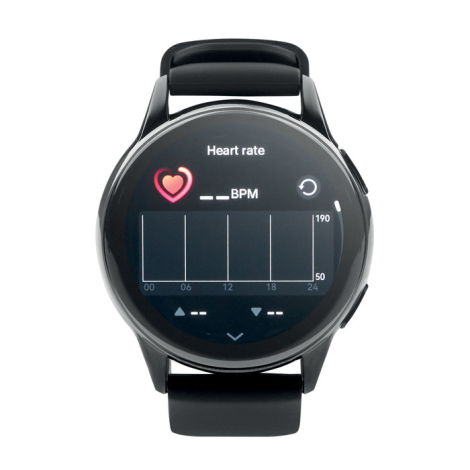 Montre connectée noire, cadran rond affichant un graphique de fréquence cardiaque.