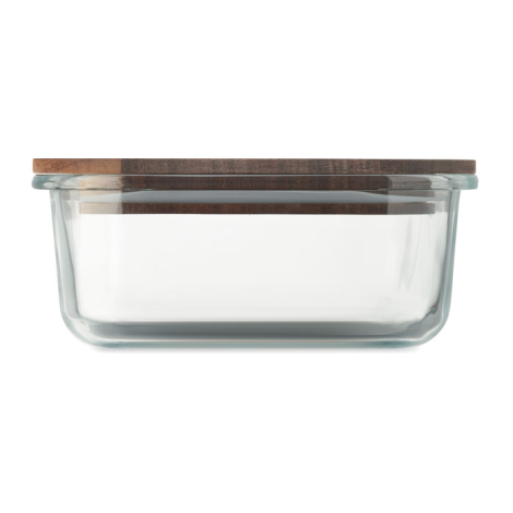 Lunch box en verre transparente vue de profil avec couvercle en bois fermé.