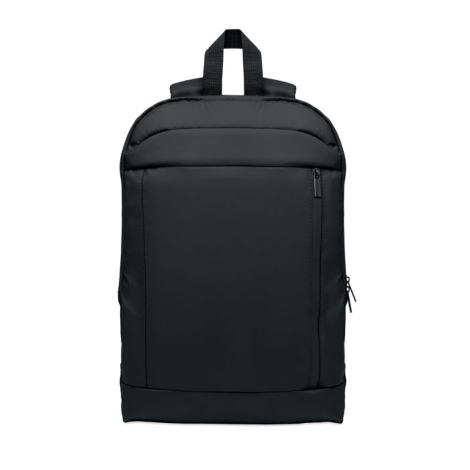 Sac à dos noir présenté de face avec large poche frontale zippée.