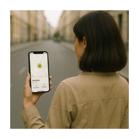 Personne de dos tenant un smartphone affichant un écran de localisation avec cadenas coloré
