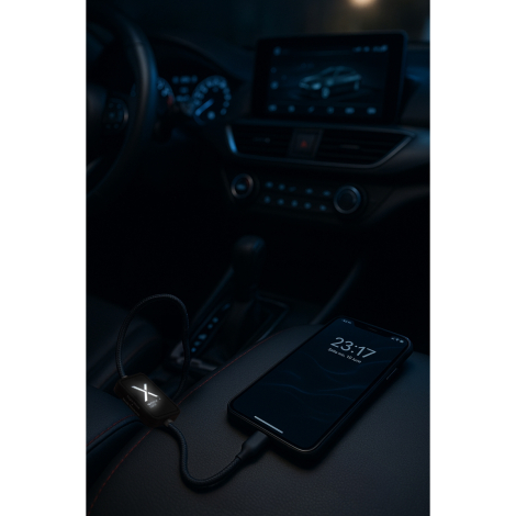 Câble branché en voiture avec module central lumineux et smartphone affichant l’heure, marquage visible.