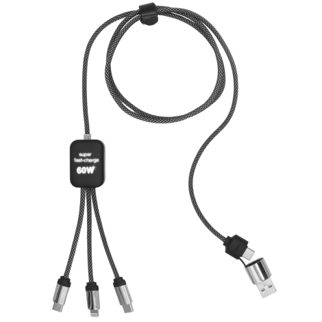 Câble noir tressé vu de dessus avec module central lumineux affichant une mention, marquage visible.