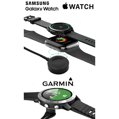 Trois montres connectées (Samsung, Apple, Garmin) accompagnées du câble noir et de ses embouts, sans marquage visible.