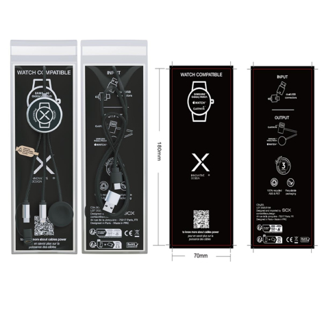 Packaging transparent présentant le câble et son module rond, avec vues avant et arrière de l’emballage, marquage visible sur le