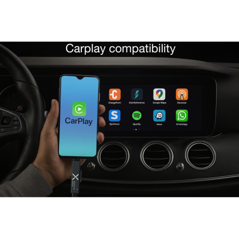 Smartphone relié par un câble blanc à un écran CarPlay en voiture, marquage visible sur le connecteur du smartphone.