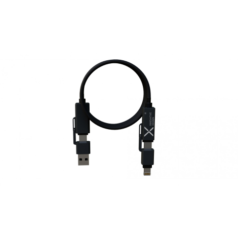 Câble noir enroulé avec embouts USB et Lightning et connecteur gris, marquage visible.