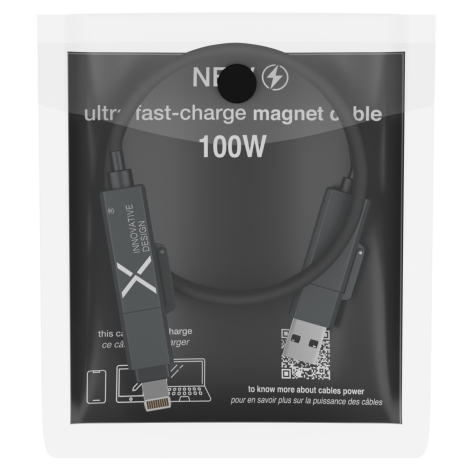 Câble noir enroulé dans sachet transparent, marquage visible sur le connecteur à travers l’emballage.
