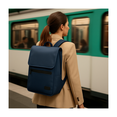 Mise en situation : femme portant le sac à dos bleu marine dans une station de métro, sans marquage visible.