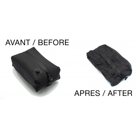 Deux sacs noirs comparés : l’un gonflé, l’autre aplati et replié, sans marquage visible.