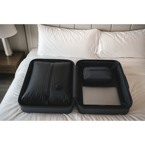 Valise ouverte sur un lit contenant un sac noir compressé avec fermeture et valve visibles, sans marquage visible.
