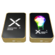Deux batteries externes posées côte à côte montrant leurs faces noires avec motifs lumineux colorés, ports visibles en bas, sans