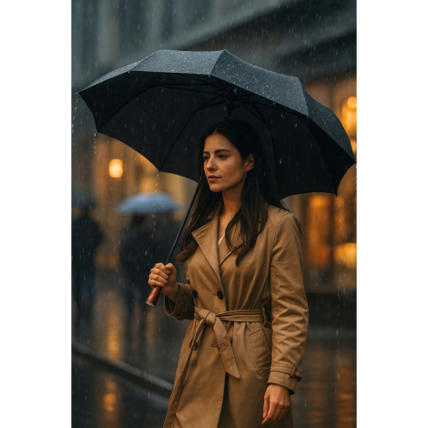 Personne en trench beige marchant sous la pluie avec parapluie noir ouvert à poignée bois, sans marquage visible.
