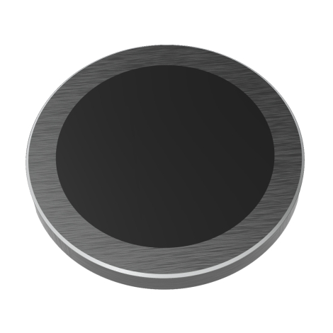 Chargeur circulaire noir vu de dessus avec contour gris métallisé et surface noire mate, sans personnalisation visible.