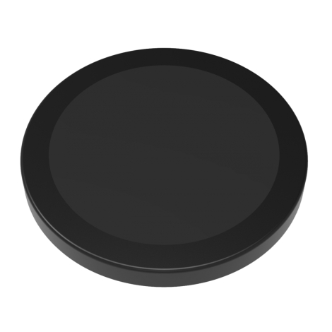 Chargeur circulaire noir vu de dessus avec surface lisse mate et contour arrondi, sans personnalisation visible.