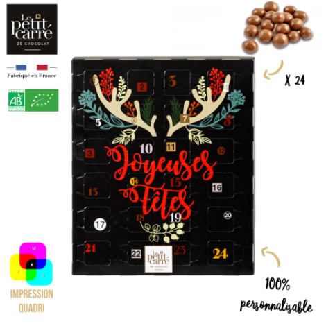 Calendrier de l’Avent noir avec motif bois de cerf fleuri et inscription « Joyeuses Fêtes ».
