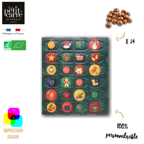 Calendrier de l’Avent rectangulaire grand format vert, décoré de 24 cases colorées