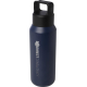 Bouteille isotherme bleue mate 600 ml avec couvercle noir à poignée intégrée, marquage visible sur la face avant.