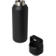 Bouteille isotherme noire 600 ml en acier inoxydable avec couvercle à poignée amovible posé à côté.