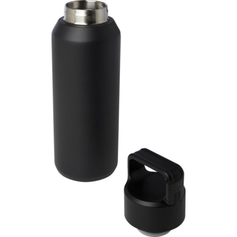 Bouteille isotherme noire 600 ml en acier inoxydable avec couvercle à poignée amovible posé à côté.