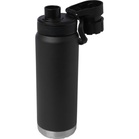 Bouteille isotherme noire 700 ml avec bouchon sport basculant ouvert.