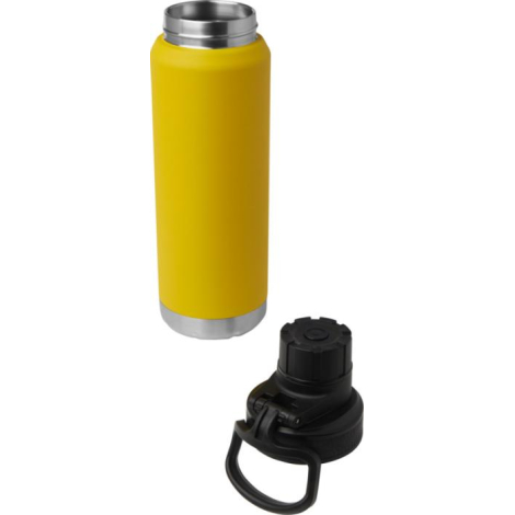 Bouteille isotherme jaune 700 ml avec intérieur en acier inoxydable et bouchon noir à anse détachable posé à côté.