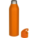 Bouteille orange 650 ml en acier inoxydable avec bouchon assorti à anse intégrée, posé à côté de la bouteille.