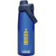 Bouteille bleue translucide 750 ml avec bouchon bleu foncé à vis et anse latérale, personnalisation visible sur la face avant.