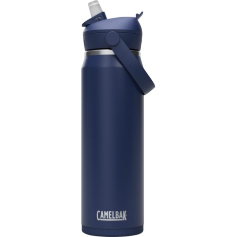 Bouteille bleue isotherme 750 ml avec bouchon assorti à clapet et anse latérale, logo de la marque apposé près de la base. Bouteille bleue isotherme 750 ml avec bouchon assorti à clapet et anse latérale, logo de la marque apposé près de la base.
