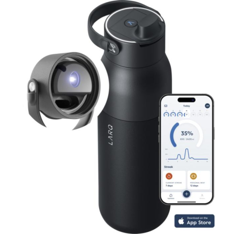Bouteille noire 1 000 ml avec vue rapprochée du bouchon et application mobile affichée sur un smartphone, personnalisation visib