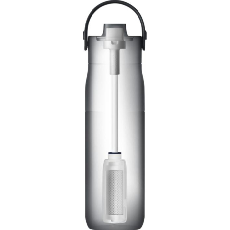 Vue en coupe d’une bouteille translucide 680 ml montrant le système interne avec paille et filtre intégré.