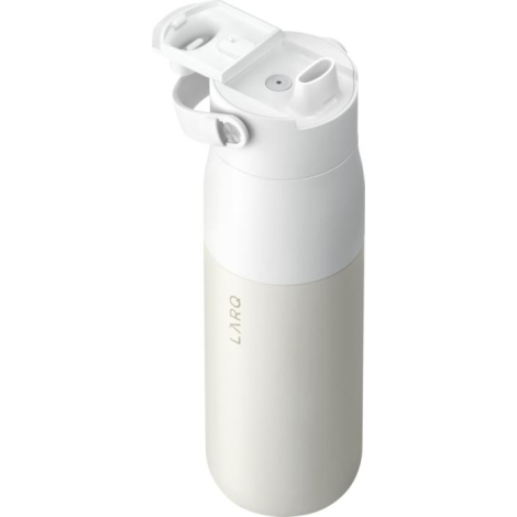 Bouteille blanche 680 ml avec bouchon assorti à clapet et anse latérale.