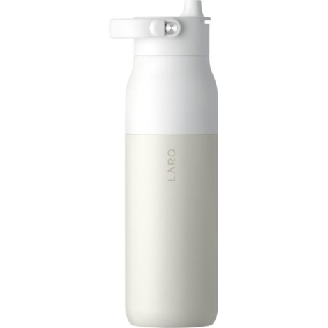 Bouteille LARQ Swig Top blanche et beige finition mate avec bouchon sport et paille rabattable, vue de face.