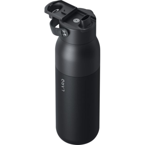 Bouteille LARQ Swig Top noire finition mate avec bouchon sport et paille rabattable, vue en plongée bouchon ouvert.