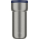 Mug isotherme Ellipse 375 ml finition inox brossé avec couvercle bleu, présenté de face.