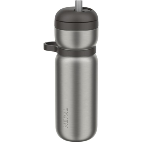 Bouteille Twist 600 ml finition inox brossé avec couvercle noir et paille intégrée, vue de face.