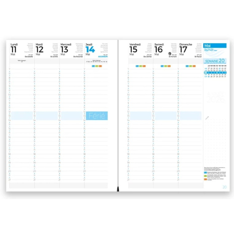 Double page intérieure d’un agenda grand format avec semaine de mai 2026, zones horaires et mentions de fêtes.