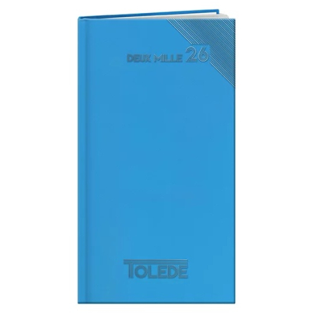 Agenda bleu rigide présenté de face, marquage visible en haut à droite et en bas de la couverture.