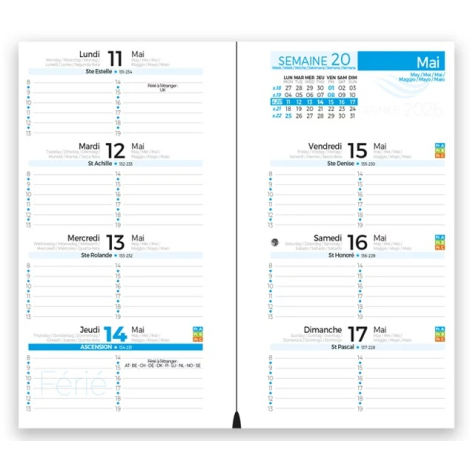 Double page intérieure d’un agenda petit format montrant une semaine de mai 2026 en colonnes.