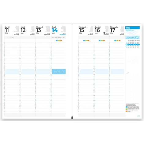 Double page intérieure d’un agenda petit format présentant une semaine de mai 2026 en colonnes.