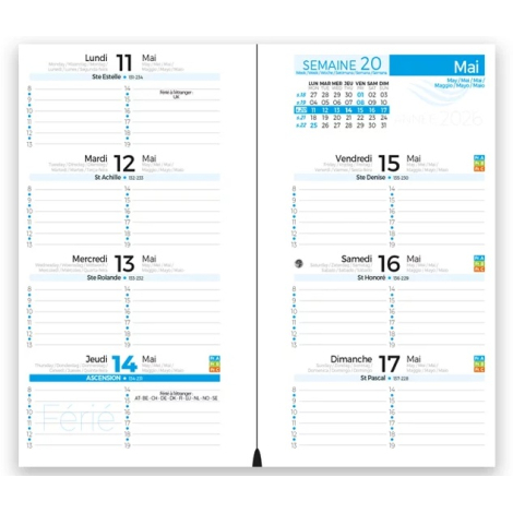 Double page intérieure d’un agenda grand format montrant une semaine de mai 2026 avec zones horaires et mentions de fêtes.