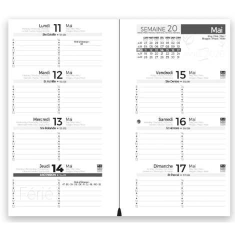Double page intérieure d’un agenda petit format présentant une semaine de mai 2026 avec colonnes journalières et calendrier mens