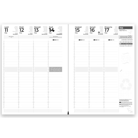 Double page intérieure d’un agenda grand format montrant une semaine de mai 2026 avec colonnes horaires et mentions de fêtes.