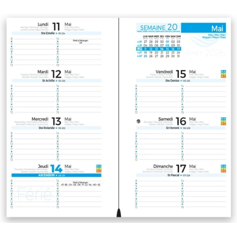 Double page intérieure d’un agenda petit format montrant une semaine de mai 2026 avec colonnes journalières et calendrier mensue