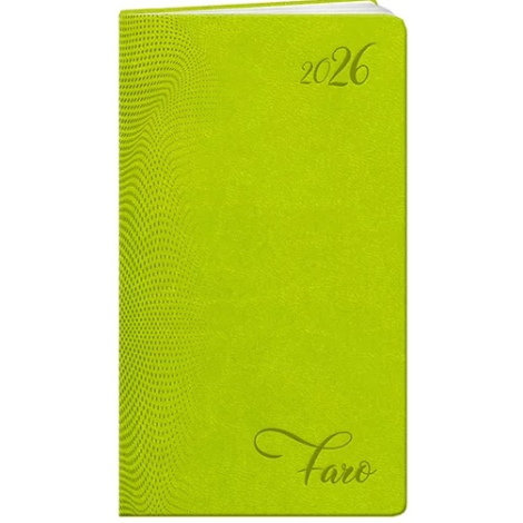 Agenda rigide vert clair en format vertical, marquage en relief en haut à droite et en bas de la couverture.