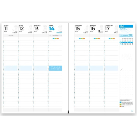 Double page intérieure d’un agenda grand format présentant une semaine de mai 2026 avec colonnes horaires et mentions de fêtes.