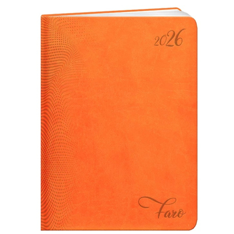 Agenda rigide orange vu de face, marquage en relief en haut à droite et en bas de la couverture.
