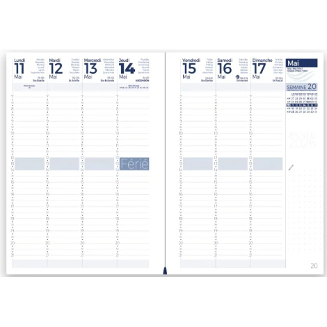 Double page intérieure d’un agenda grand format montrant une semaine de mai 2026 avec colonnes horaires et mentions de fêtes.